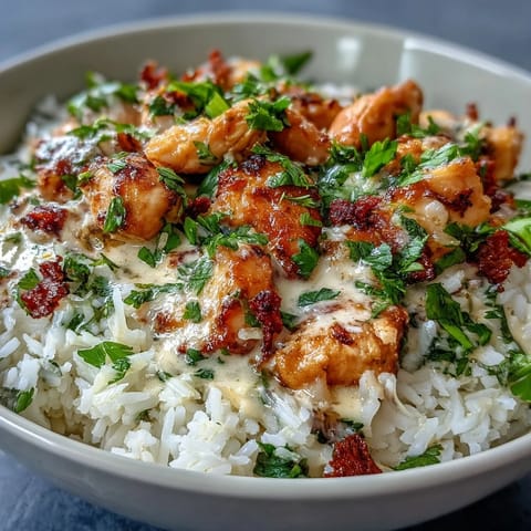 Frisch zubereitetes Coconut Chicken Rice Bowl garniert mit grünem Zwiebeln und Koriander für tropischen Geschmack. 