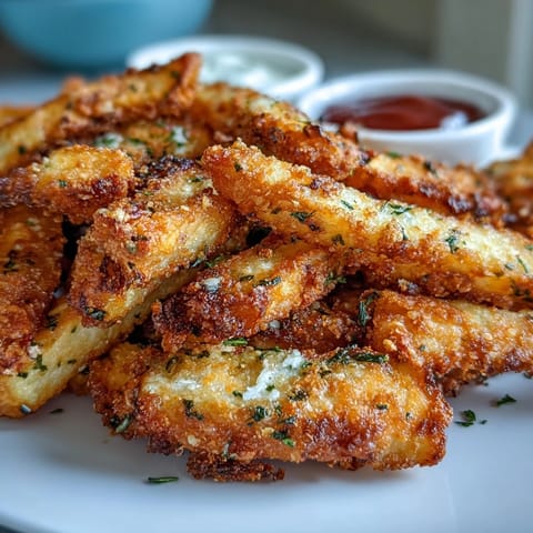 Goldene, ofenbackte Hähnchenfri mit Parmesan- und Semmelbröselkruste und Marinara-Dip.