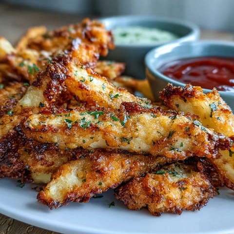 Knusprige Hähnchen-Parmesan-Fri mit hausgemachter Ranch-Sauce und frischer Petersilie garniert.
