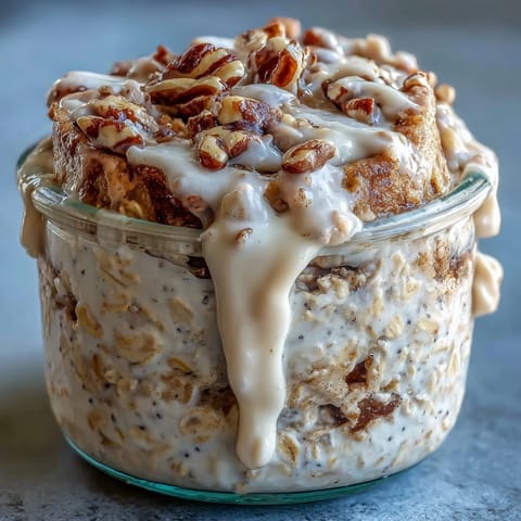 Two jars of High-Protein Cinnamon Roll Overnight Oats with Greek yogurt and protein powder, served chilled with maple syrup and vanilla flavors for an indulgent morning treat.