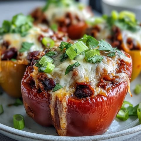 Baked Chili Mac Stuffed Peppers frisch aus dem Ofen, serviert mit grünen Zwiebeln und Sahneschmant.