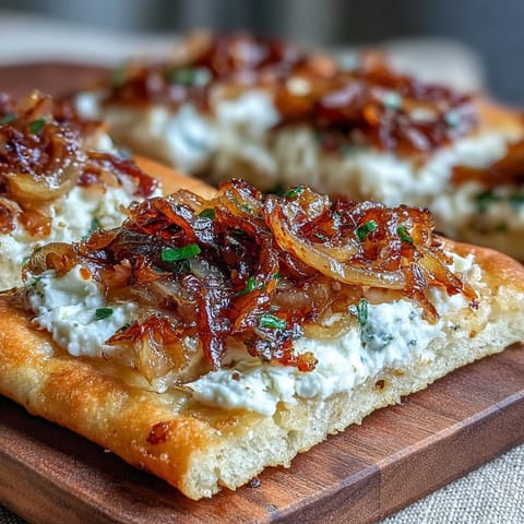 Fladenbrot mit cremiger Ziegenkäse-Füllung, honiggetränkten Zwiebeln und frischem Rucola, serviert als leckeres vegetarisches Hauptgericht für den gemeinsamen Tisch.