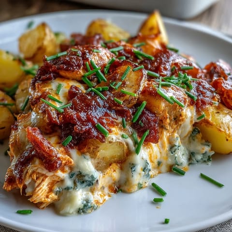 Ofen-geröstetes Buffalo Ranch Chicken Potato Bake mit knusprigen Kartoffeln und geschmolzenem Käse.