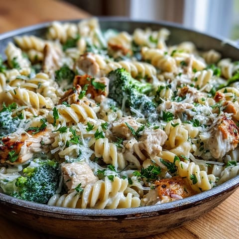 A skillet of Garlic Parmesan Broccoli & Chicken Pasta, paired with a glass of white wine for dinner.
