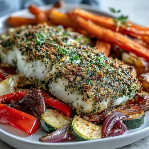 Dorsch mit Kräuterkruste und Ofengemüse