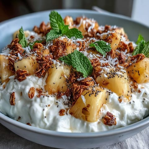 Vivid tropical pineapple chunks and crunchy granola layered over creamy cottage cheese in a rustic Cottage Cheese Breakfast Bowl with Pineapple and Granola. 