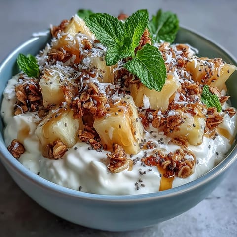 Cottage Cheese Breakfast Bowl with Pineapple and Granola topped with honey, fresh mint, and chia seeds on a white marble table. 