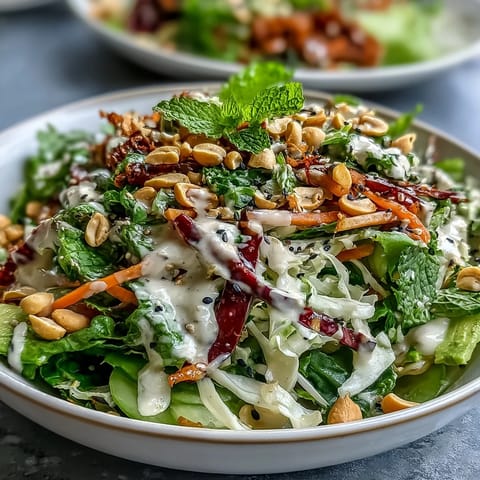 Bunter veganer Frühlingsrollensalat mit Erdnussdressing, dekoriert mit Avocado und gerösteten Erdnüssen.  
