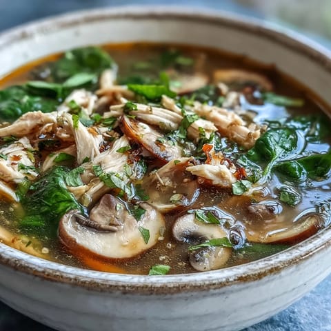 Close-up of Tom Yum Soup featuring plump shrimp, sliced mushrooms, and vibrant Thai chiles in a golden broth.
