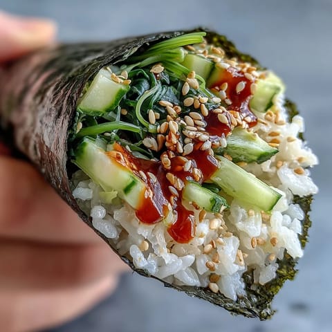 2. **Farbenfrohe Sushi-Handrollen gefüllt mit Tang und Seetang-Salat, knackiger Gurke und cremiger Avocado.**  
