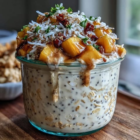 Creamy Overnight Oats mit Mango und Kokos, garniert mit frischen Mangostücken und gerösteter Kokosnuss.