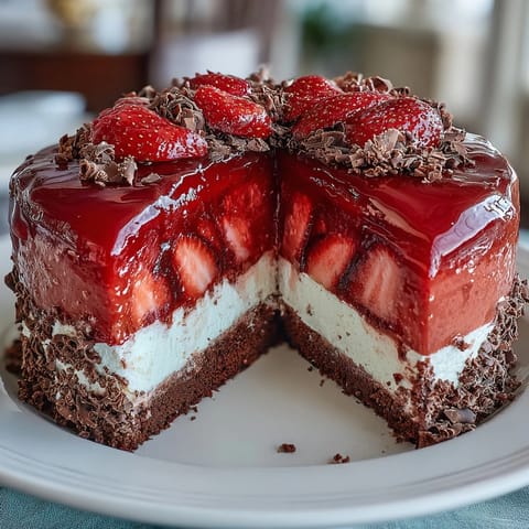 Romantischer Erdbeermousse-Kuchen mit luftigen Biskuitböden und glänzendem Erdbeerüberzug.