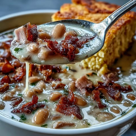 Ein dampfender Teller mit rauchigem Schinken-Knochen- und Bohnensuppe, garniert mit frischer Petersilie und serviert mit goldenem Maisbrot.