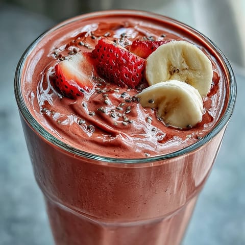 1. Ein erfrischender, proteinreicher Smoothie mit Erdbeeren, Bananen und Chiasamen – perfekt für einen nahrhaften Start in den Tag.  