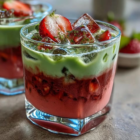 Erdbeer-Matcha-Eislatte mit Hafermilch: Bunte Schichten aus süßer Erdbeerpüree, erdigem Matcha und cremiger Hafermilch.