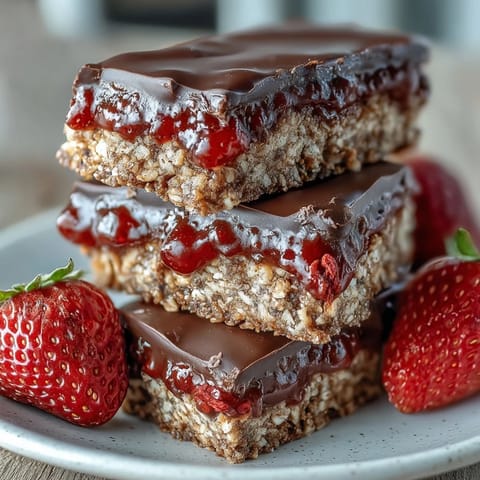 1. Chocolate-Dipped Strawberry Oat Bars mit Schokoladenglasur und fruchtiger Erdbeerschicht, perfekt für einen süßen Snack oder Nachspeise.
