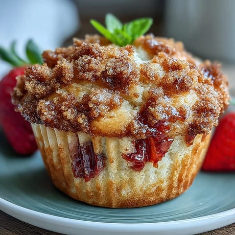 Saftige Erdbeersauerteigmuffins mit knuspriger Streuselhaube, perfekt für ein süßes Frühstück oder einen Snack.