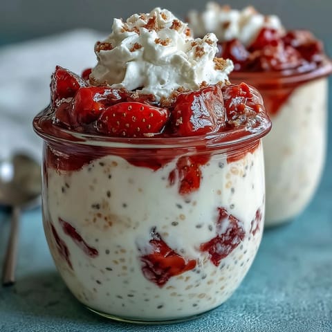 1. Cremige Overnight-Oats mit frischen Erdbeeren und einem Hauch Vanille, inspiriert von klassischem Erdbeerkuchen—ideal für ein nahrhaftes, schnelles Frühstück zum Mitnehmen.