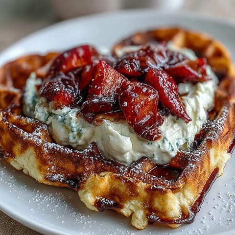 Leicht goldene Herz-Waffeln mit cremiger Hüttenkäse-Sahne und frischen Erdbeeren—ein köstliches Frühstück oder Brunch, das so schön wie lecker ist.