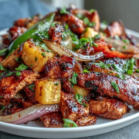 Ein farbenfrohes Blech mit zarten Hähnchenstreifen, geröstetem Ananas und knusprigem Paprika, gewürzt mit rauchigem Paprika und Limette.  