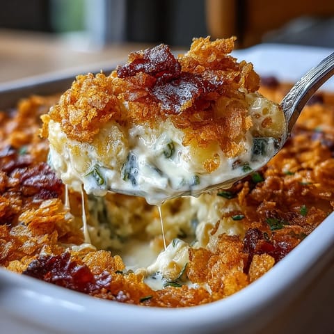 Jalapeño Cheddar Funeral Potatoes - goldbraune, käsige Kartoffelauflauf mit scharfen Jalapeños und knuspriger Cornflakes-Kruste.  
