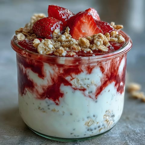 Fluffy Yogurt Overnight Oats mit Erdbeerwirbel: Cremige Schichten aus luftigem Joghurt-Haferbrei und frischem Erdbeersirup, perfekt für ein gesundes Frühstück.