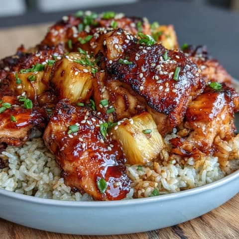 Pineapple Chicken und Reisauflauf mit Teriyaki-Glasur: goldbrauner, saftiger Hühnchen-Auflauf mit süßem Ananas-Reis, umgeben von glänzendem Teriyaki-Glasur.