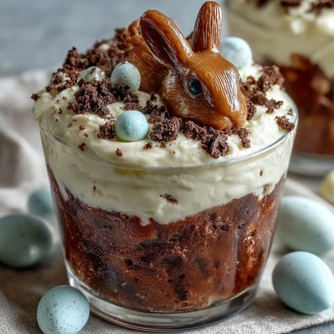 Oster-Bunny-Dirt-Cups mit Schokoladenpudding und Oreos: Schichtweise Schokoladenpudding mit zerbröselten Oreos, belegt mit Marshmallow-Hasen und bunten Streuseln.