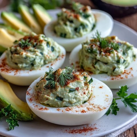 Leuchtend grüne Avocado-Teufelseier mit frischen Kräutern und cremiger Füllung, perfekt für Frühlingspartys.