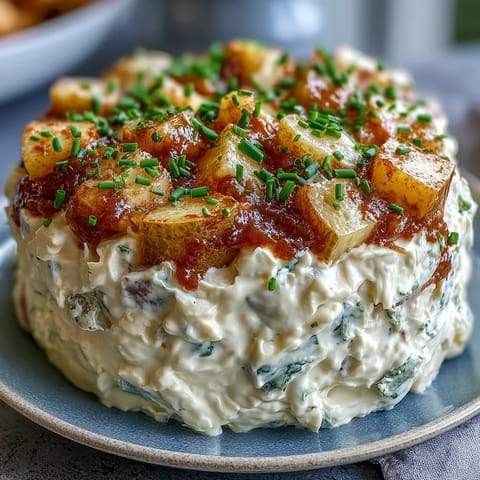 CREMIGE Kartoffelsalat mit würzigem Deviled-Egg-Dressing und frischen Kräutern, perfekt für Picknicks.