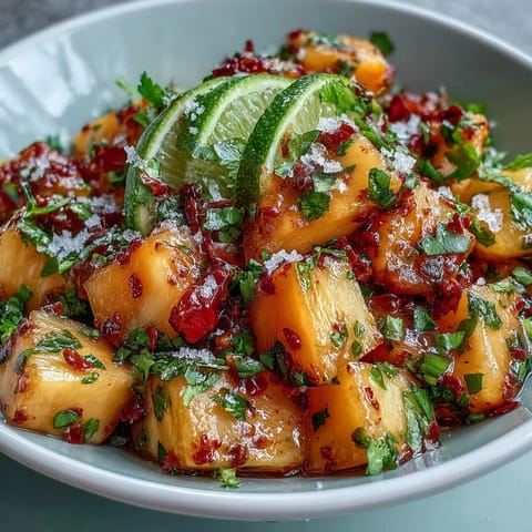 Leuchtend orangefarbene Mango-Stücke mit frischem Limettensaft und einer Prise Chili, perfekt für einen erfrischenden Snack.