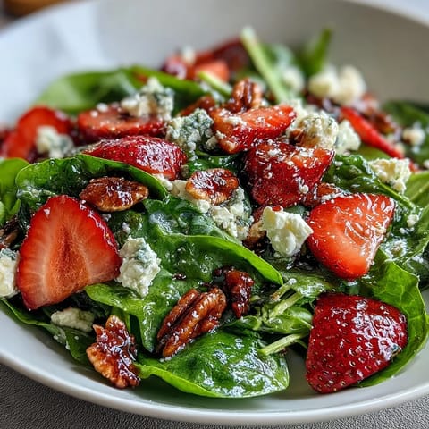 Spring Strawberry Spinach Salad mit frischen Erdbeeren, cremigem Ziegenkäse und kandierten Pekannüssen, gewürzt mit Balsamico-Dressing. Ein leuchtender, bunter Salat für den Frühling.