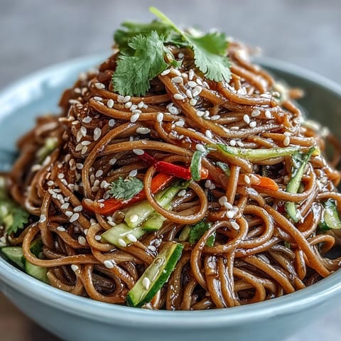 Kalter Soba-Nudelsalat mit Sesam-Ingwer-Dressing, erfrischend und bunt.