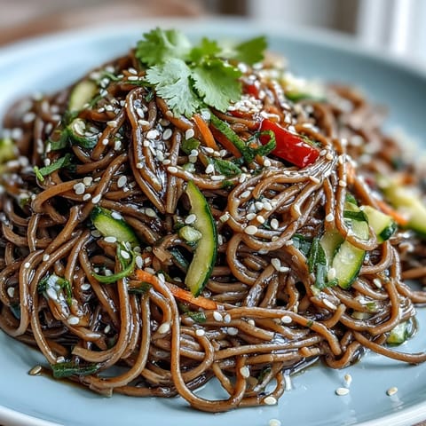 Veganes Soba-Nudel-Gericht mit knackigem Gemüse und würzigem Dressing serviert.
