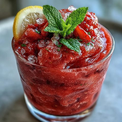 Rezeptfoto zeigt einen himmlisch eisigen gefrorenen Erdbeer-Limonaden-Slushie, perfekt für einen heißen Nachmittag.