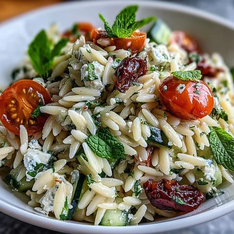 Erfrischender Orzo-Salat mit Gurke, Feta und Zitrone, serviert als leichte Mahlzeit.