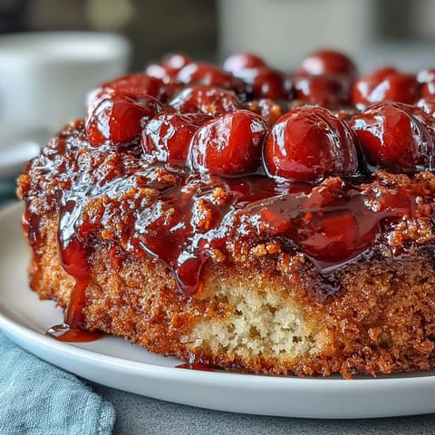 Saftiger Cherry Almond Upside-Down Cake mit karamellisiertem Topping.