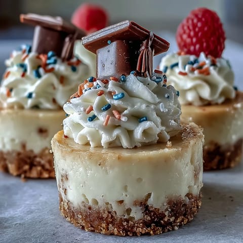 Mini-Käsekuchen auf krossem Boden, dekoriert für fröhliche Abschlussfeiern.