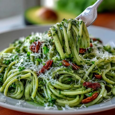 Cremige Avocado-Pesto-Pasta mit frischem Basilikum und Parmesan.