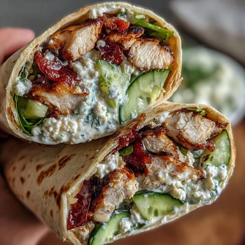 Zarte Tzatziki-Hähnchen-Wraps mit Gurke und Feta, perfekt für ein frisches Mittagessen.