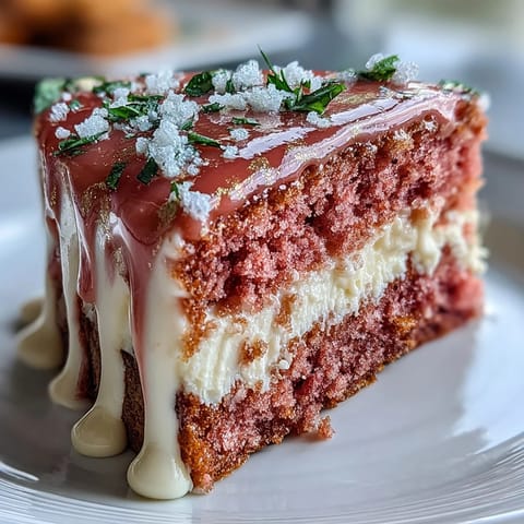 Glänzender Rosé-Samtkuchen mit Goldtropfen, festlich geschichtet.