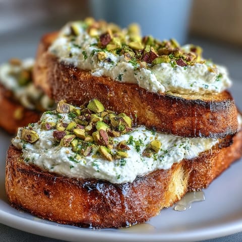 Cremiger, mit Honig beträufelter und mit Pistazien bestreuter Whipped Ricotta Toast.