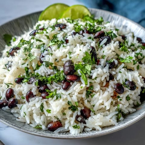 Fragrant coconut lime rice, fluffy and mixed with zesty beans, cilantro.