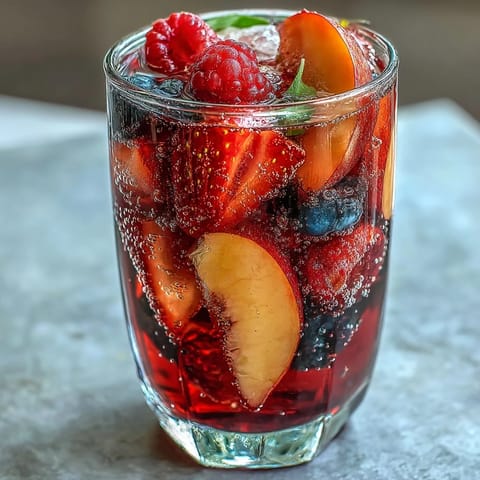 Erfrischender Sommer Sangria Mocktail mit Pfirsich und Beeren, perfekt für heiße Tage.