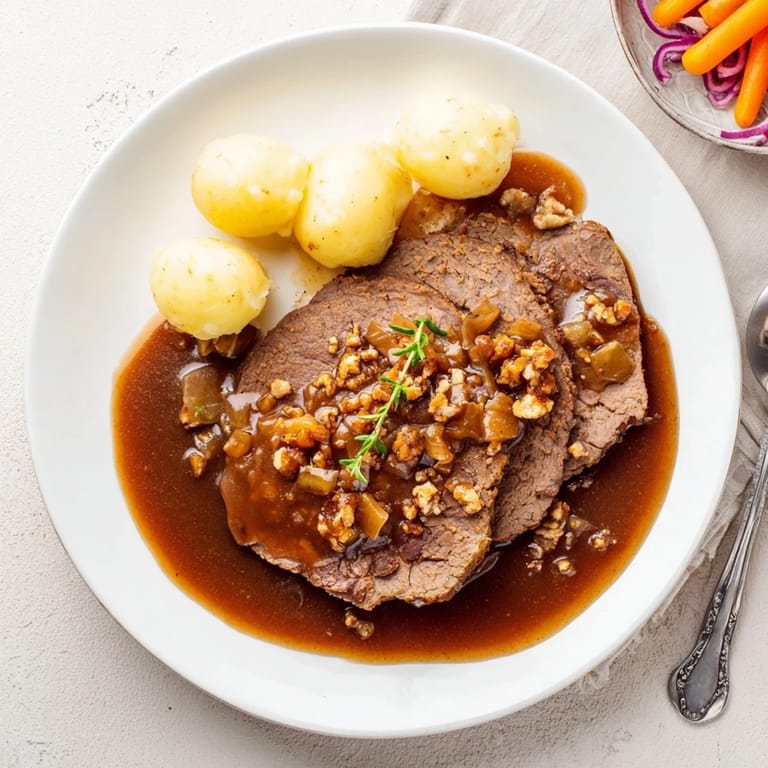 Klassischer Sauerbraten, begleitet von Kartoffelklößen und rotkohligen Beilagen.