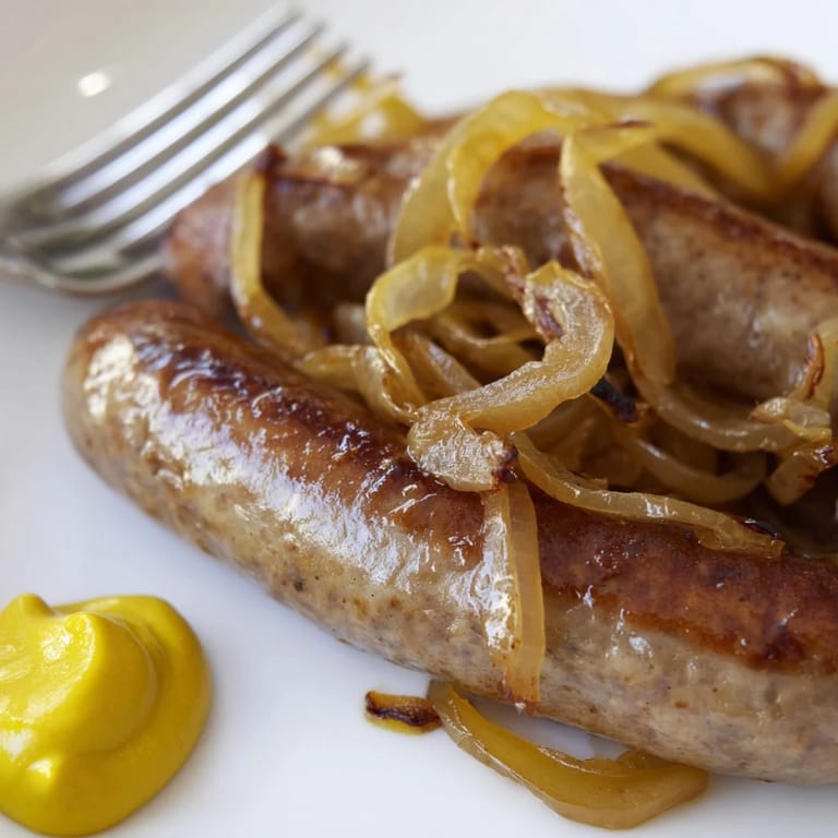 Goldene Bratwurstscheiben, heiß serviert mit Dijon-Senf und frischen Brötchen.