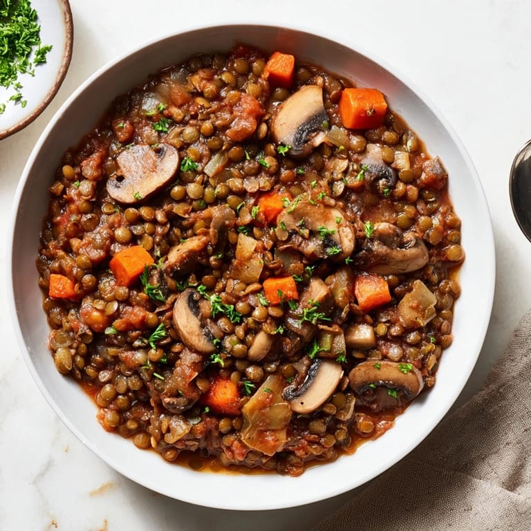 Außen köstliches Lentil and Mushroom Stew in einem tiefen Teller, perfekt für kalte Abende.