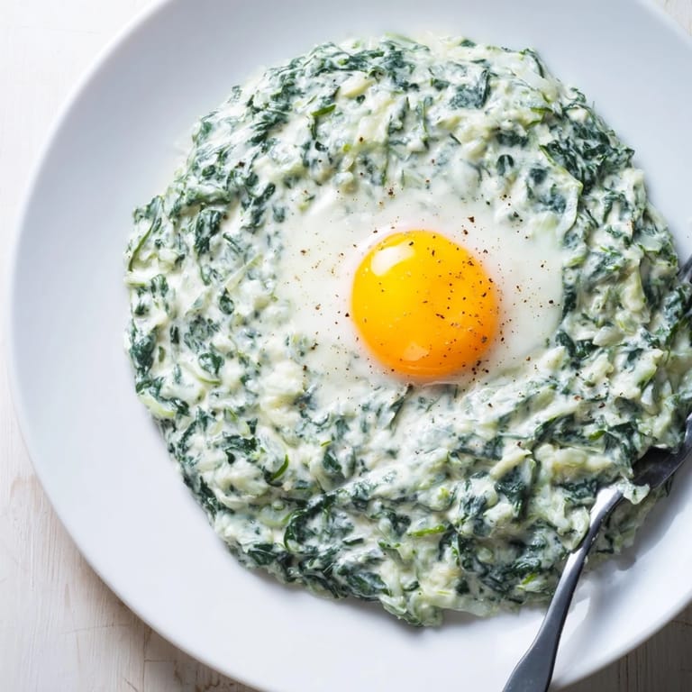 Genießen Sie creamed spinach mit einem reichhaltigen, goldbraunen Spiegelei für zusätzlichen Geschmack.