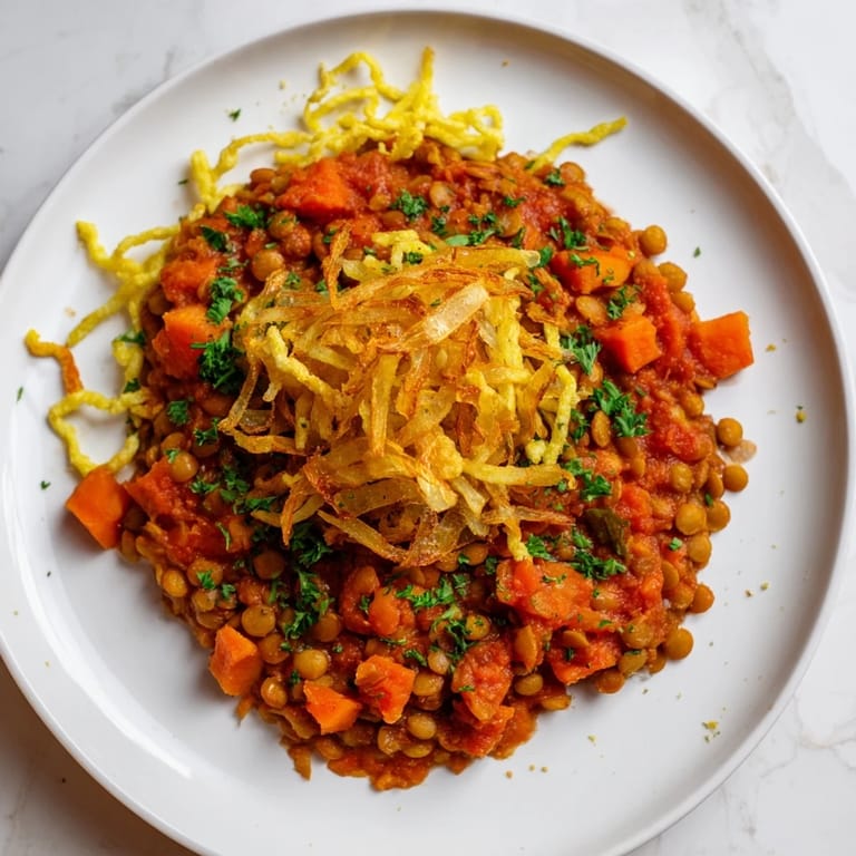 A comforting Vegan German Dahl & Spätzle Bowl, with a close-up of tender spätzle and flavorful lentil dahl.