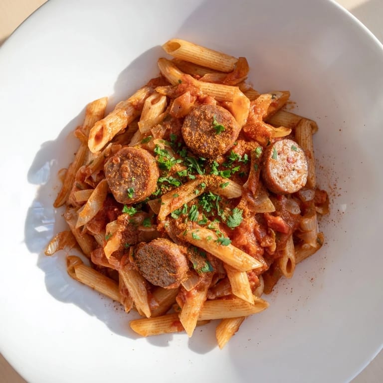 Hearty One-Pot Currywurst Pasta, with perfectly cooked pasta and savory sausage in a rich curry sauce.